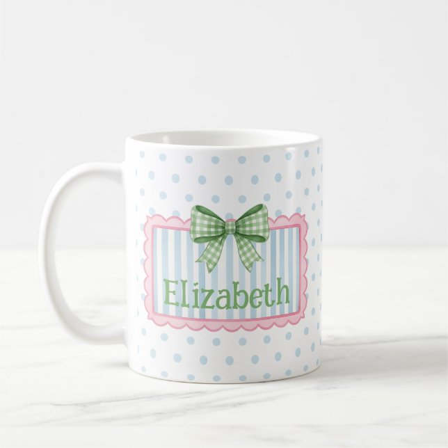 Rosa und blauer Rahmen mit grüner Gingham-Schleife Kaffeetasse (Links)
