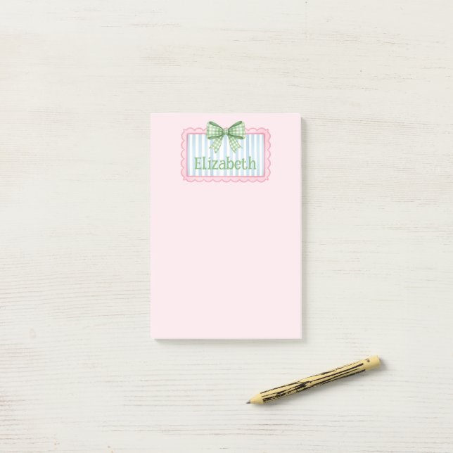 Rosa und blauer Rahmen mit grüner Gingham-Schleife Post-it Klebezettel (Auf Schreibtisch)