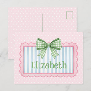 Rosa und blauer Rahmen mit grüner Gingham-Schleife Postkarte
