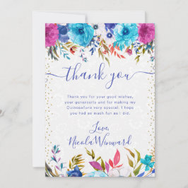 Rosa und blauer Sommer Blume Quinceanera Dankeskarte