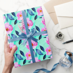 Rosa und blaues Aquarell-Blumenmuster Geschenkpapier