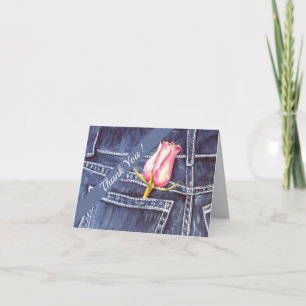 Rosa und blaues Denim-Aquarell mit Blumen Dankeskarte