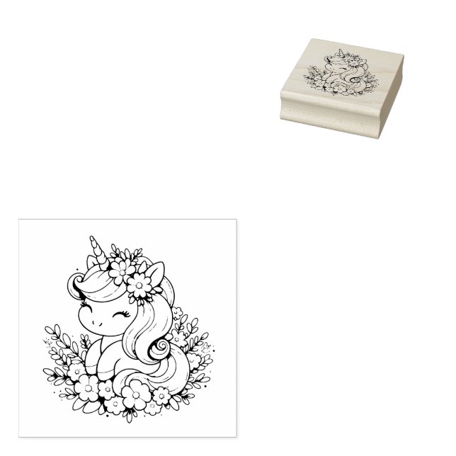 Rosa und blaues Einhorn und Blume Gummistempel (Stempel)