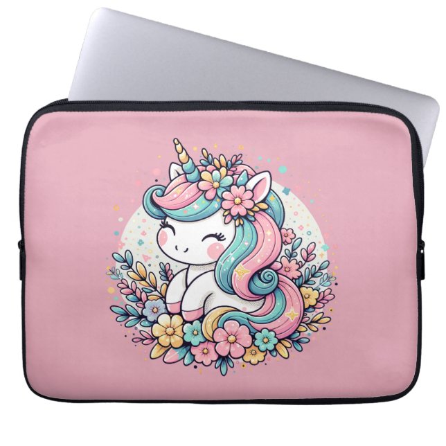 Rosa und blaues Einhorn und Blume Laptopschutzhülle (Vorderseite)