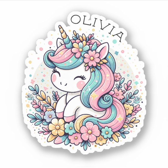 Rosa und blaues Einhorn und Personalisierte Blume Aufkleber (Vorderseite)