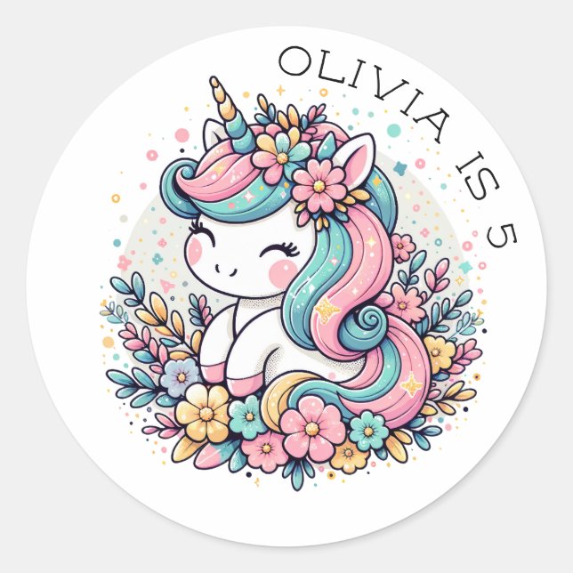 Rosa und blaues Einhorn und Personalisierte Blume Runder Aufkleber (Vorderseite)
