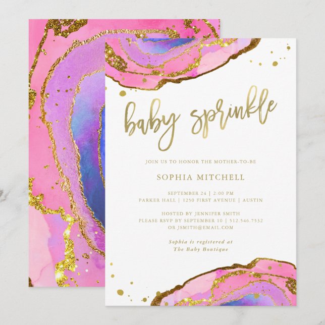 Rosa und blaues Geode mit Baby des Gold| besprühen Einladung (Vorne/Hinten)