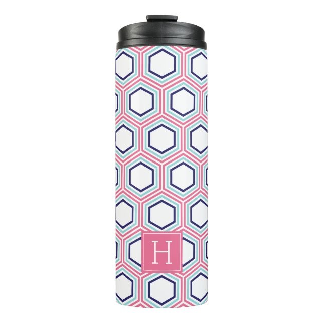 rosa und blaues geometrisches Muster und Monogramm Thermosbecher (Vorderseite)
