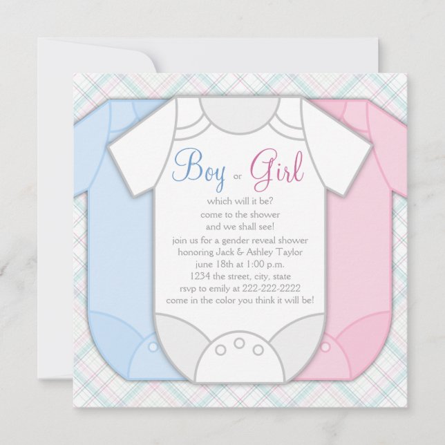 Rosa und blaues Geschlecht zeigen Baby-Dusche Einladung (Vorderseite)