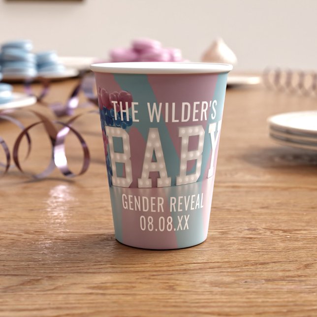 Rosa und blaues Geschlecht zeigen Babyduschpapiert Pappbecher (Pink and blue gender reveal party paper cup just for you. Add your name)