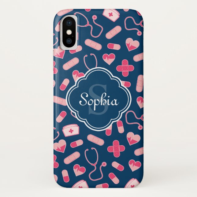 Rosa und blaues Krankenmuster mit Monogramm Case-Mate iPhone Hülle (Rückseite)