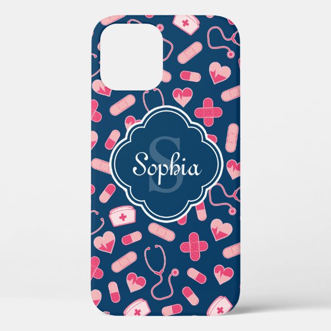 Rosa und blaues Krankenmuster mit Monogramm Case-Mate iPhone Hülle (Rückseite)