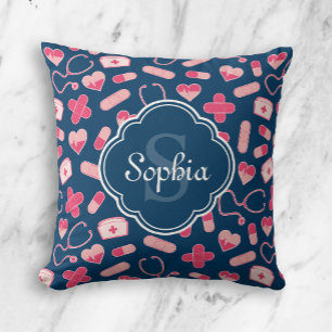Rosa und blaues Krankenmuster mit Monogramm Kissen