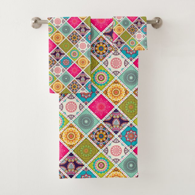 Rosa und blaues marokkanisches Muster Badhandtuch Set (Insitu)