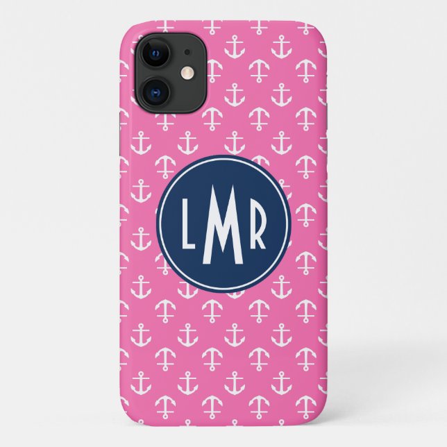 Rosa und blaues Monogramm verankert Muster Case-Mate iPhone Hülle (Rückseite)