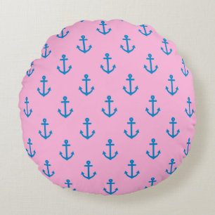 Rosa und blaues nautisches Anker-Muster Rundes Kissen