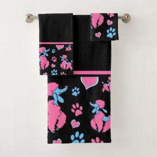Rosa und blaues Pudel-Muster auf schwarzem Hinterg Badhandtuch Set
