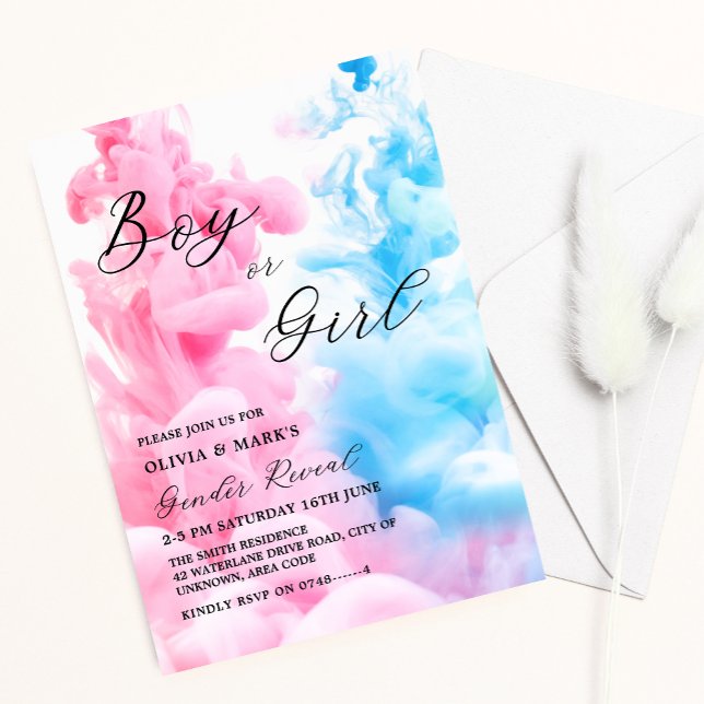 Rosa und blaues Rauch Baby Gender Reveal Party Einladung (Von Creator hochgeladen)