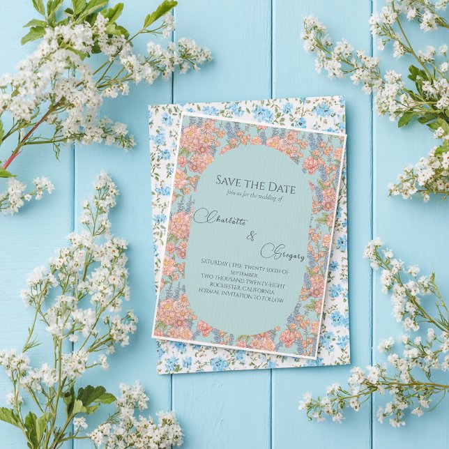 Rosa und blaues Shabby Chic Save the Date Ankündigungspostkarte (Von Creator hochgeladen)