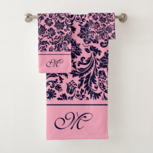 Rosa und blaues Vintages Damassom-Monogramm-Badema Badhandtuch Set