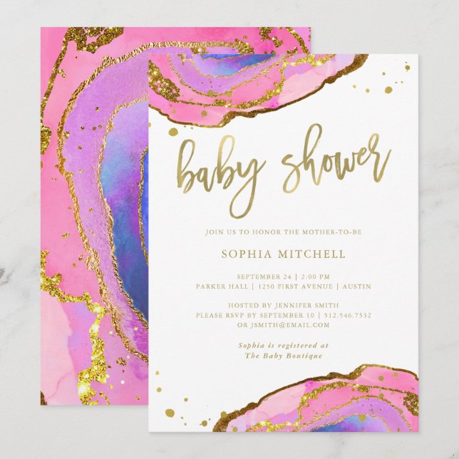 Rosa und Blue Geode mit Gold| Babydusche Einladung (Vorne/Hinten)