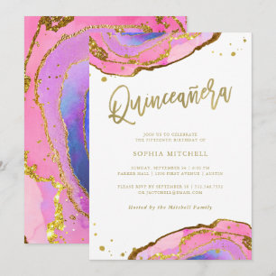Rosa und Blue Geode mit Gold  Quinceanera Einladung
