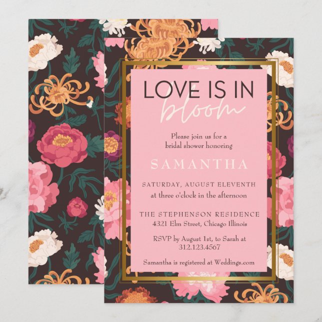 Rosa und braun Boho Blumendusche Einladung (Vorne/Hinten)