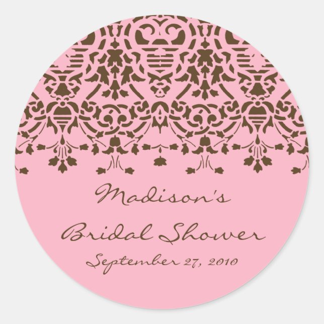 Rosa und braun Damask Brause Duschkleber Runder Aufkleber (Vorderseite)