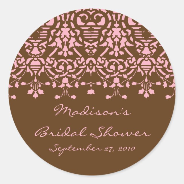 Rosa und braun Damask Brause Duschkleber Runder Aufkleber (Vorderseite)