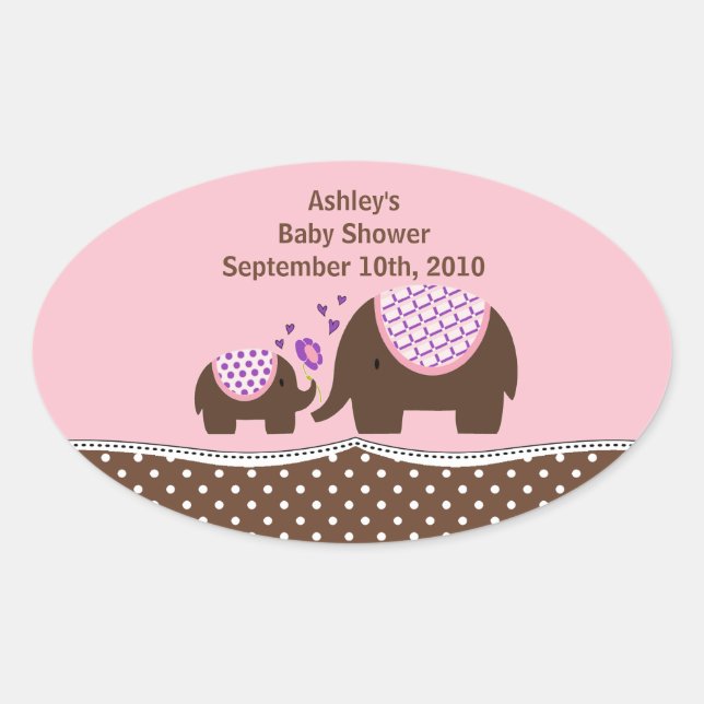 Rosa und braun Elefant Babydusche Oval Aufkleber (Vorderseite)