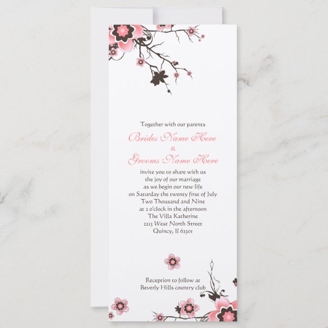 Rosa und Braun Kirschblossom Hochzeitsempfang Einladung (Vorderseite)