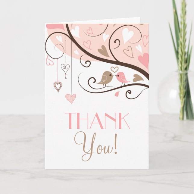 Rosa und braun lieben Vögel Hochzeit Danke Karte (Vorderseite)
