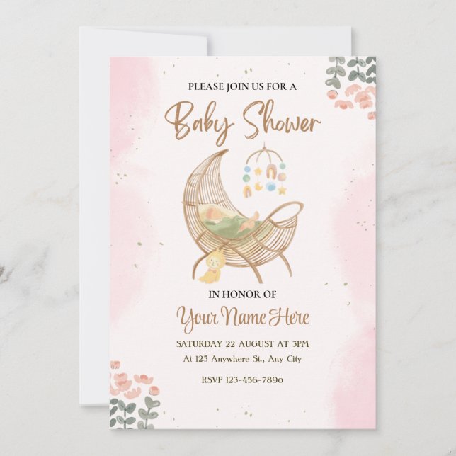 Rosa und braune Babydusche Einladung Girl (Vorderseite)