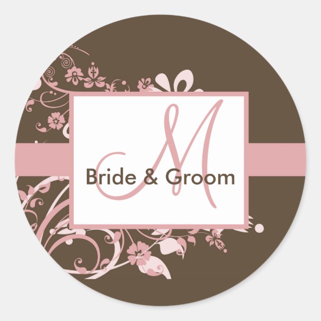 Rosa und braune Monogramm-Hochzeitskleber Runder Aufkleber (Vorderseite)