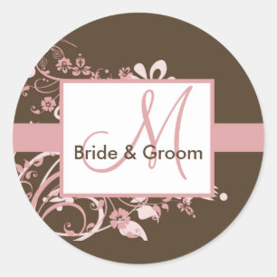 Rosa und braune Monogramm-Hochzeitskleber Runder Aufkleber
