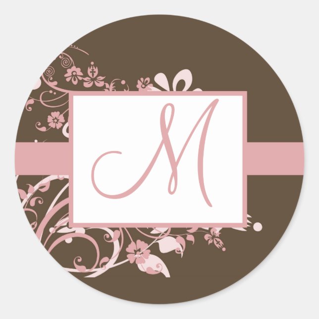 Rosa und Brown-Monogramm-Hochzeits-Aufkleber Runder Aufkleber (Vorderseite)