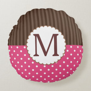 Rosa und Brown-Tupfen-Streifen-Monogramm Rundes Kissen