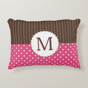 Rosa und Brown-Tupfen-Streifen-Monogramm Zierkissen