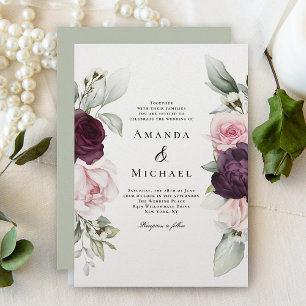 Rosa und Burgund Floral Romantische Hochzeit Einladung