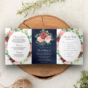 Rosa und Burgunder Blumen 3 in 1 Navy Hochzeit Dreifach Gefaltete Einladung