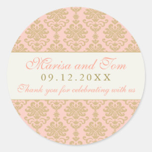 Rosa und Champagner-Gold Damast Hochzeit Runder Aufkleber