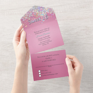 Rosa und Confetti Süße 16 All In One Einladung