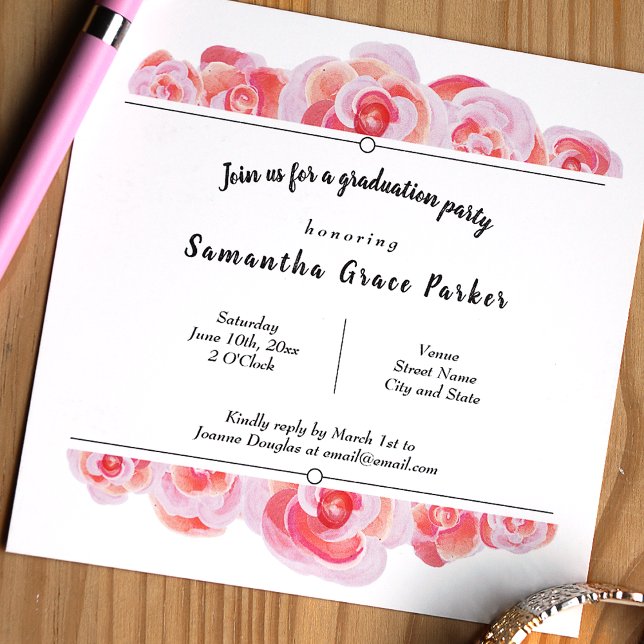 Rosa und Creamsikel Botanische Rose Party Einladung (Peach, pink, and black floral graduation party invitation for a Spring botanical roses theme)