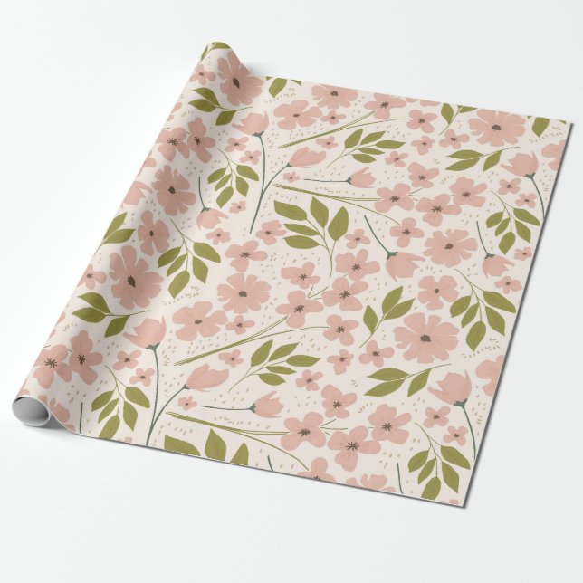 Rosa und Creme Hübsches Blumenmuster Geschenkpapier (Ungerollt)