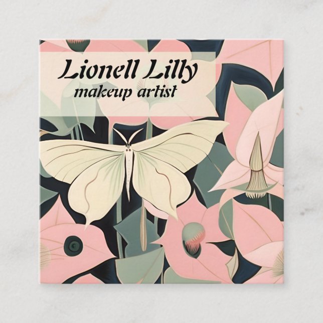 Rosa und Creme - Luna Moth und Mondblumen Quadratische Visitenkarte (Vorderseite)