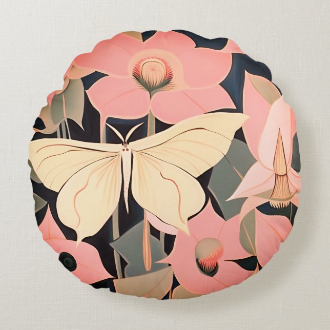 Rosa und Creme - Luna Moth und Mondblumen Rundes Kissen (Vorderseite)