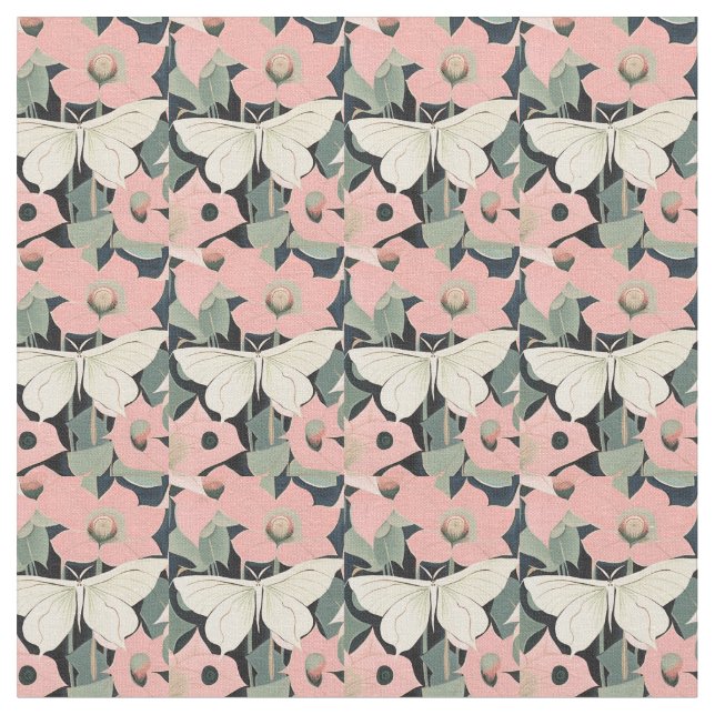 Rosa und Creme - Luna Moth und Mondblumen Stoff (Nahaufnahme)