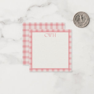 Rosa und cremefarbene Gingham-Karo-Tartan-Monogram Mitteilungskarte