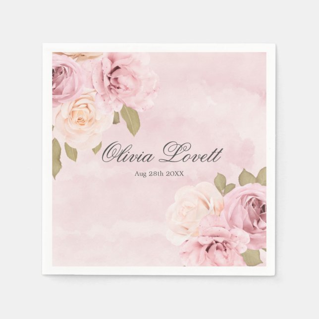 Rosa und cremefarbene Rose Chic Brautparty Serviette (Vorderseite)