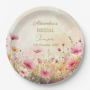 Rosa und cremefarbene Wildblumen Brautparty Pappteller